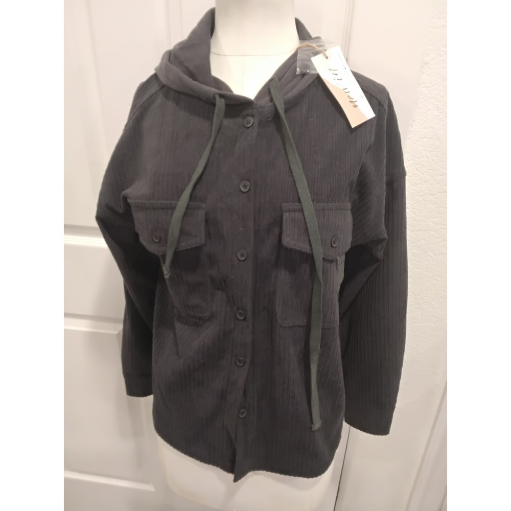 New In‎ Corduroy Hooded Shirt Jacket Dark Gray Button Front Pockets Size S